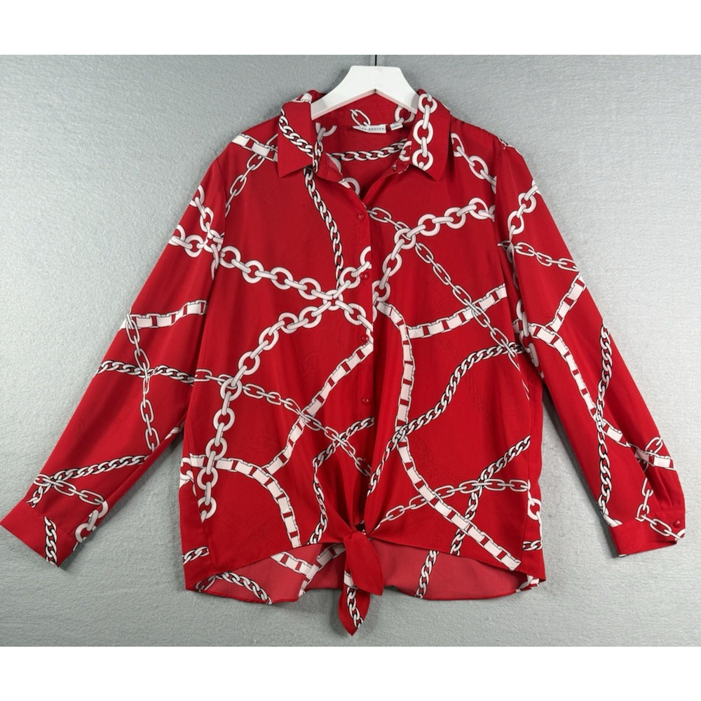 Susan Graver Red Chain Button Down Tie Front Top Sz 14 Old Money Equestrian